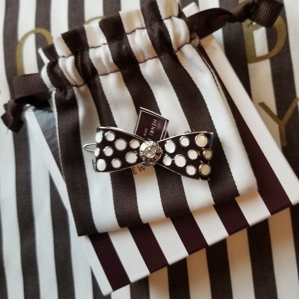 ❗Henri Bendel Brown White Polka Dot Bow Metal Hair Clip with Swarovski Crystal❗